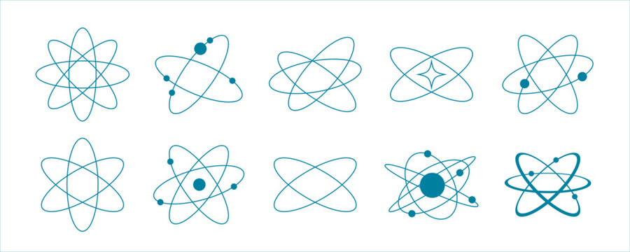 Abstract 2D wireframe shapes with atom and orbit designs. Neon blue Y2K geometry and mesh grids. Futuristic cyberpunk elements in a digital surreal art style.