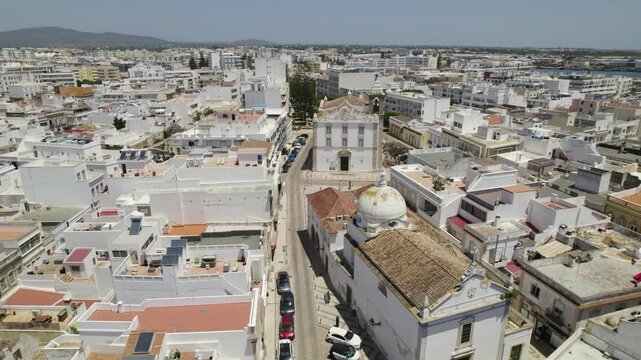 Aerial of Olh&atilde;o, Portugal, featuring Nossa Senhora do Ros&aacute;rio church and Igreja Paroquial de Olh&atilde;o