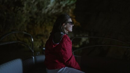 A young woman on a boat explores a dimly lit cove in polignano a mare, puglia, capturing the unique atmosphere and serene beauty of italy's coastal region.