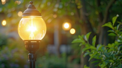 Outdoor lamp with classic light bulb and wiring in background empty space for text