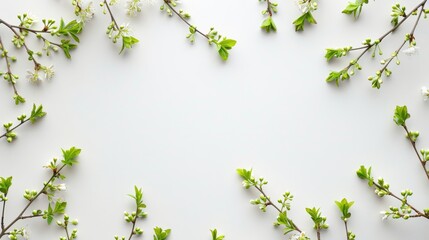 Simple white spring background with tree branch and green buds for text space Soft nature pattern for wallpaper