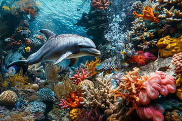 A dolphin swims gracefully among vibrant corals and colorful fish in a pristine underwater environment. The scene is filled with life and movement, showcasing the beauty of marine biodiversity.