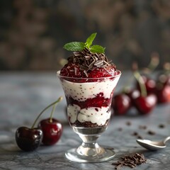 Cherry Parfait with Chocolate and Mint