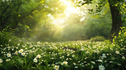 Obraz premium A serene forest glade with wildflowers and a soft breeze, ample copy space