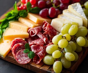 Colorful Charcuterie Board with Various Cheeses and Meats