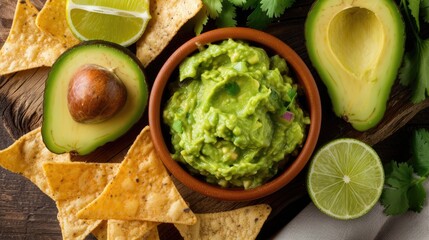 Freshly made guacamole with ripe avocados, lime, cilantro, and tortilla chips