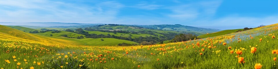 Fototapeta premium A beautiful, lush green field with a blue sky in the background. The field is filled with yellow flowers, giving it a bright and cheerful atmosphere