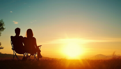 Obraz premium silhouette of couple sitting on camping chair and watching sunset view