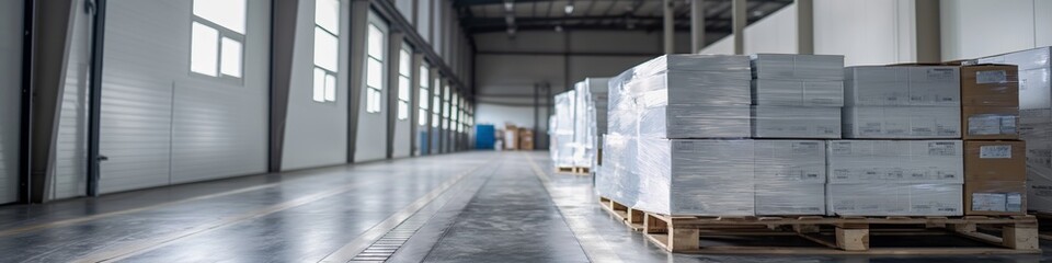A warehouse with a lot of boxes stacked on pallets. The boxes are all silver and the pallets are wooden
