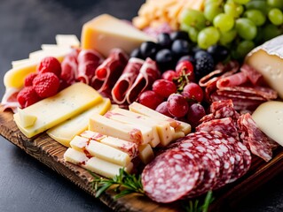 Close-up of Cheese and Meat Board with Grapes and Olives