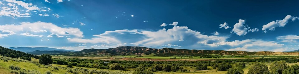 Fototapeta premium A beautiful landscape with a clear blue sky and a few clouds. The sky is dotted with clouds, and the sun is shining brightly. The landscape is a vast, open field with a river running through it