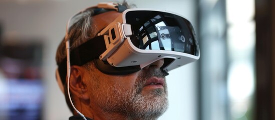 A man uses a VR headset and headphones in a modern office to explore virtual reality in a hightech setting AIG62