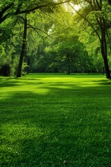 A lush green field with trees in the background. The grass is very green and the trees are tall. The scene is peaceful and serene