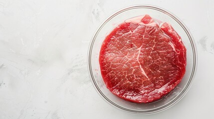 Raw cultured meat in Petri dish on white lab table text space
