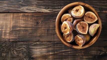 Top view of wooden table with space for text showcasing a bowl of dried figs as a nutritious snack