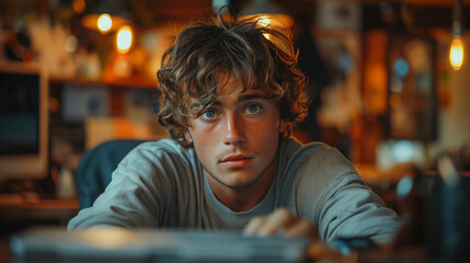 Fototapeta premium Young man sitting at a table in a restaurant. Generative AI