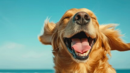 Fototapeta premium A dog with its tongue out and a smile on its face. The dog is in a beach setting, with the ocean in the background. Scene is happy and carefree