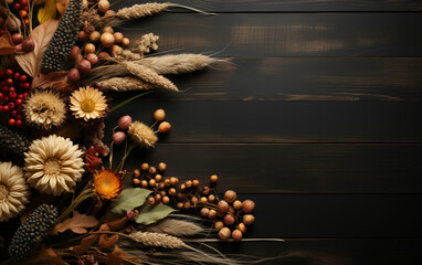 Naklejka premium Wooden table covered with various flowers. Generative AI