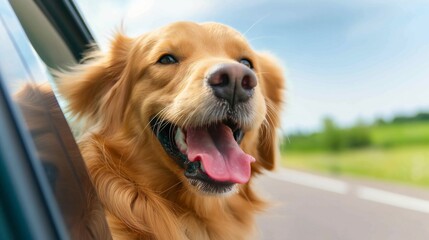 A dog is sitting in a car window, looking out at the road. The dog is smiling and he is enjoying the ride