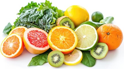 Vitamin C rich fruits and vegetables on white background