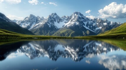 Majestic mountain landscape with dramatic peaks, alpine meadows, and a tranquil lake reflecting the scenery