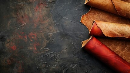 Top view of brown and red leather scrolls on black table with space for text