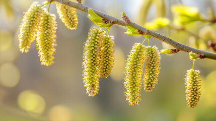 Fototapeta premium Seasonal flowering of birch, birch catkins close-up