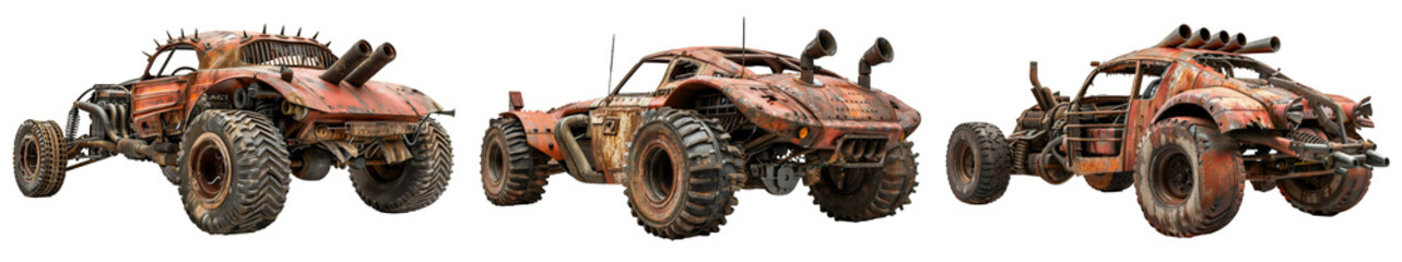 Set of three-quarter back view of an old post-apocalyptic buggye cars with a metal parts isolated on the transparent background