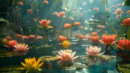 Blooming water lilies in a tropical pond