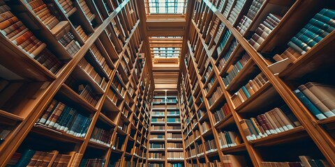 Obraz premium Towering library shelves stretching towards the sky in a vast collection. Concept Library, Books, Literature, Knowledge, Education