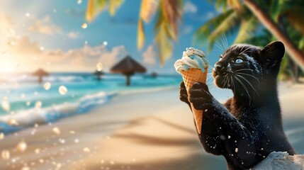Panther Enjoying Gourmet Ice Cream Cone on Sunny Beach