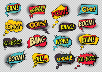 Comics book speech bubbles. Colored hand drawn retro cartoon stickers. Comic text WOW, boom, bang collection sound effects in pop art style. Funny design vector symbols