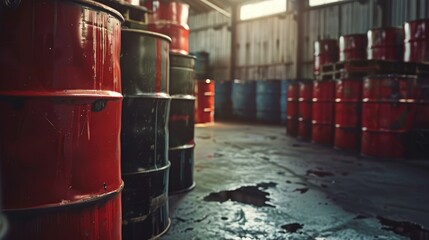 Oil barrels stored in warehouse with copy space
