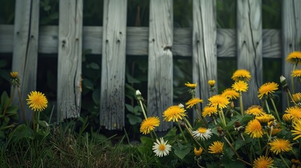 Yellow dandelion bouquet near wooden fence