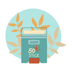 jar of sunscreen. Stick is in a closed tube with a dispenser. Cosmetics. Face and body care products. The icon of the Spf 50 stick jar. Vector object in a flat style. Tropical leaves. Isolated object