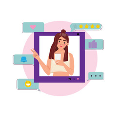 Illustration of a woman posing for a selfie with a smartphone, featuring various social media interaction icons around her, such as notifications, likes and comments