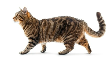Striped cat with curious expression walking and looking up in profile on white background