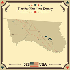 Large and accurate map of Hamilton County, Florida, USA with vintage colors.