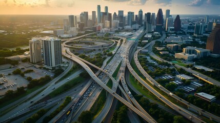 Aerial View of a Complex Freeway Interchange in a City