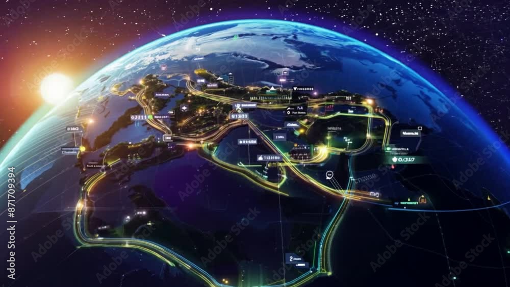 Poster a hyperrealistic digital artwork showcasing a vibrant global business hub on a rotating blue planet,