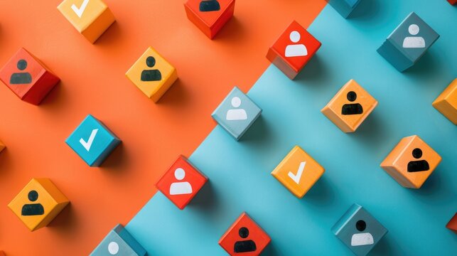 Workplace Compliance and Performance Assessment with Checkmark Blocks and Employee Icons on Simple Background