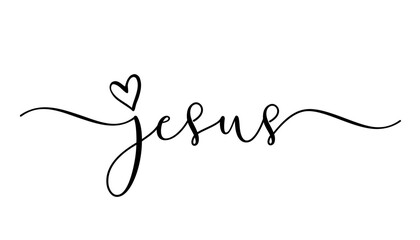 Jesus, religious elegant calligraphy with love symbol. Bible verse t-shirt design, Christian typography for sweatshirt, hoodie or gift of cup. Vector illustration