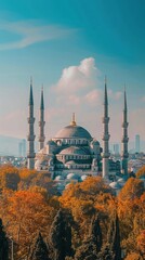 Obraz premium The Blue Mosque in Istanbul with a clear blue sky and autumn foliage