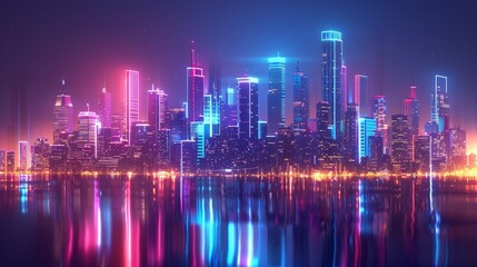 A futuristic cityscape glowing with vibrant neon lights reflected in the water.