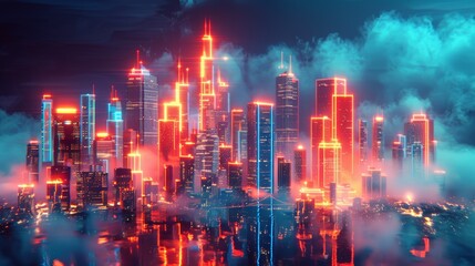 Fototapeta premium A futuristic cityscape with neon lights and glowing clouds