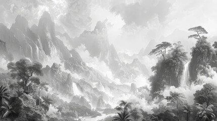 A dramatic, black and white landscape with towering mountains, cascading waterfalls and lush foliage.  The scene evokes a sense of mystery and wonder.