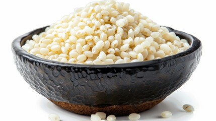 Puffed rice in black bowl with white background