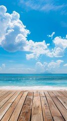 Fototapeta premium High-Resolution AI-Generated Wallpaper Featuring a Summer Beach and Ocean View with a Free Space Desk, Perfect for a Relaxing and Inspiring Background
