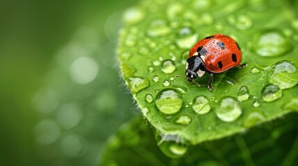 Fototapeta premium Ladybug on a Dew-Covered Leaf