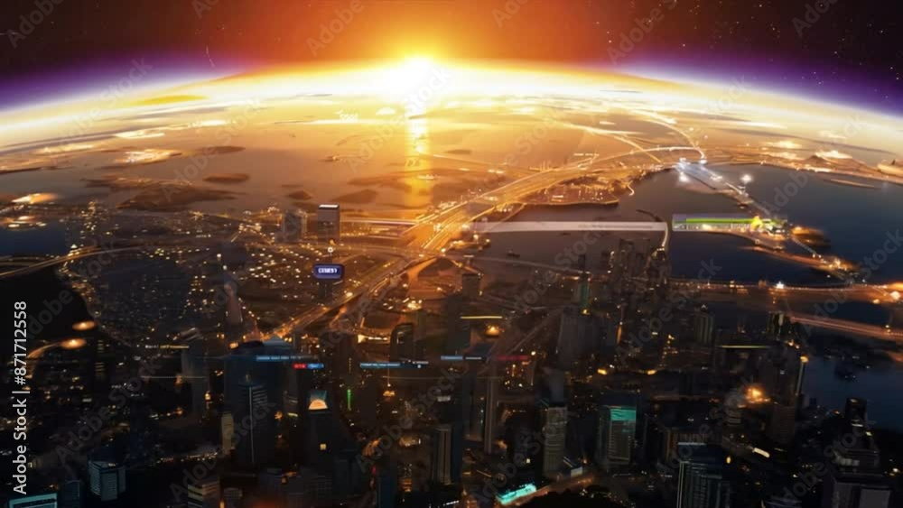 Poster a hyperrealistic digital artwork showcasing a vibrant global business hub on a rotating blue planet,